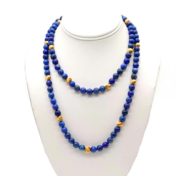 VINTAGE Lapis Lazuli 14k Gold Sculpted Beads & Clasp Hand Knotted Necklace - Picture 3 of 17